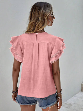 Ruffled Cap Sleeve Round Neck Blouse Divacious