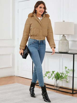 Pocketed Long Sleeve Cropped Hooded Winter Coat - Divacious