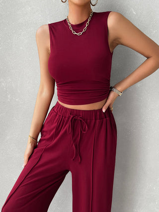 Devine Mock Neck Sleeveless Top and Drawstring Pants Set Trendsi