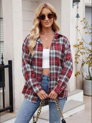 Pocketed Plaid Collared Neck Long Sleeve Shirt Divacious