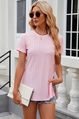 Eyelet Slit Round Neck Short Sleeve T-Shirt Divacious