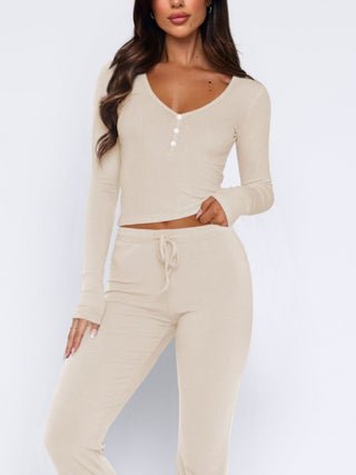 V-Neck Long Sleeve Top and Pants Set - Divacious