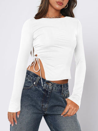 Tied Slit Round Neck Long Sleeve T-Shirt - Divacious