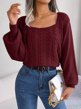 Cable-Knit Square Neck Long Sleeve Sweater Divacious