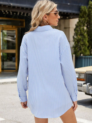 Pocketed Striped Collared Neck Long Sleeve Shirt Divacious