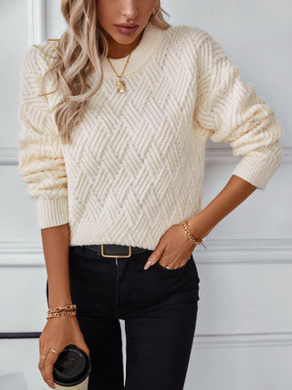 Round Neck Long Sleeve Woven Sweater - Divacious