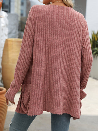 Open Front Long Sleeve Ribbed Cardigan Divacious