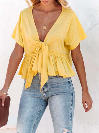 Tied Plunge Short Sleeve Blouse Divacious