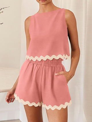 Contrast Trim Round Neck Top and Shorts Set Trendsi