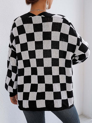 Checkered Open Front Long Sleeve Cardigan - Divacious