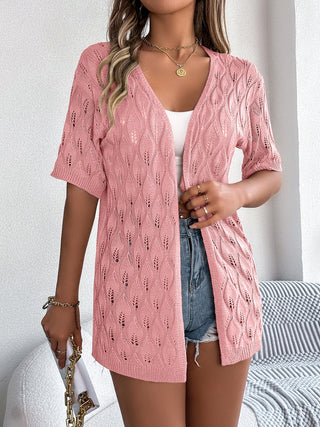 Openwork Open Front Short Sleeve Cardigan Divacious