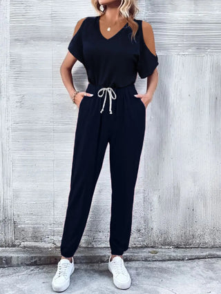 V-Neck Cold-Shoulder Jumpsuit with Pockets Divacious