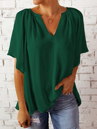 Ruched Notched Half Sleeve Blouse Divacious