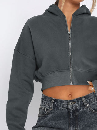 Zip Up Long Sleeve Hooded Cropped Jacket Trendsi