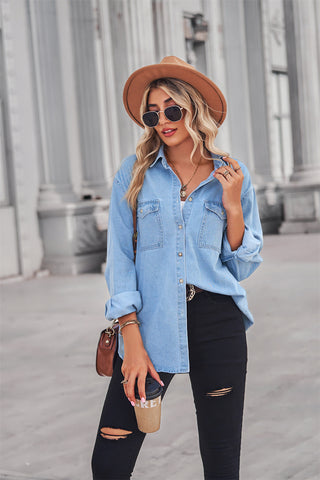 Collared Neck Dropped Shoulder Denim Top Divacious