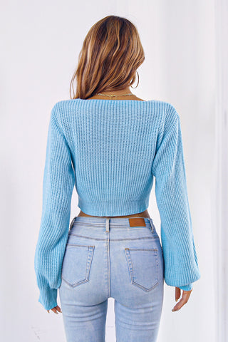 Bow V-Neck Long Sleeve Cropped Sweater Divacious