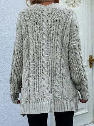 Woven Right Cable-Knit Open Front Cardigan with Front Pockets Divacious