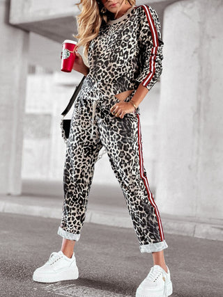 Leopard Round Neck Long Sleeve Top and Pants Set - Divacious