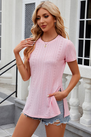 Eyelet Slit Round Neck Short Sleeve T-Shirt Divacious