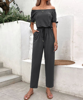 Off-Shoulder Tie Cuff Jumpsuit with Pockets Divacious