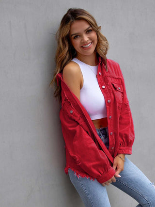 Distressed Drop Shoulder Denim Jacket Divacious