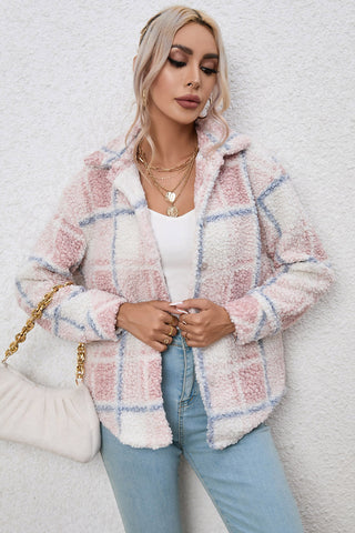 Plaid Button Up Collared Neck Long Sleeve Shacket Divacious