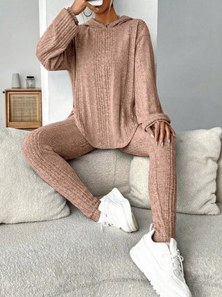 Round Neck Dropped Shoulder Hoodie and Pants Set Trendsi