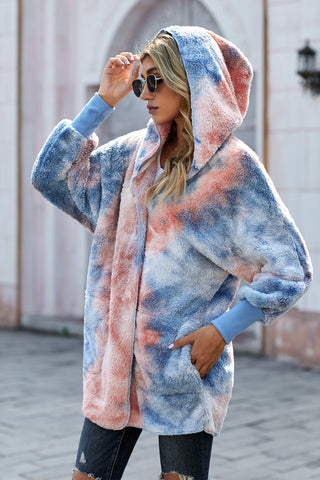 Tie-Dye Plush Hooded Jacket with Pockets Divacious