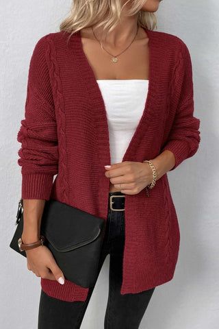 Cable-Knit Open Front Cardigan with Pockets Divacious