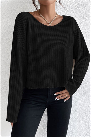 Ribbed Round Neck Drop Shoulder Long Sleeve Top Divacious