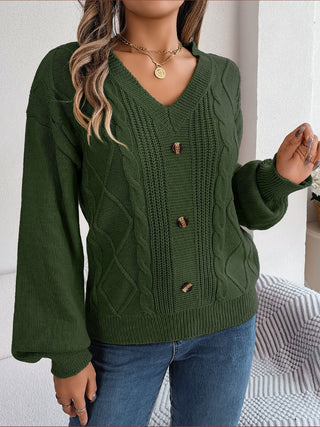 Cable-Knit Buttoned V-Neck Sweater Divacious