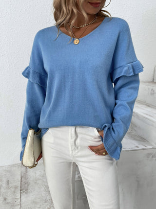 Ruffled V-Neck Dropped Shoulder Sweater Divacious