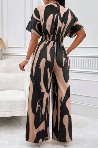 Printed V-Neck Short Sleeve Wide Leg Jumpsuit Divacious