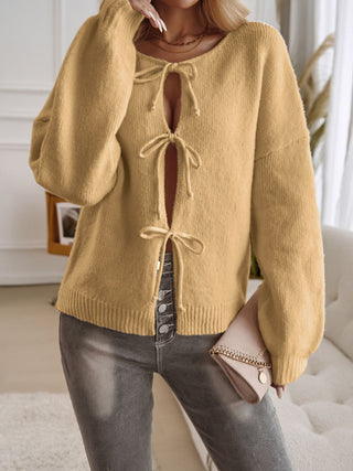 Tied Round Neck Dropped Shoulder Cardigan - Divacious