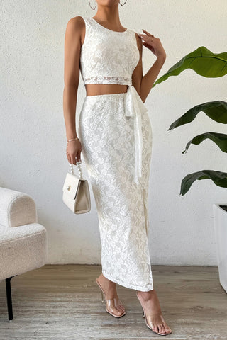 Honey Lace Round Neck Top and Slit Skirt Set Trendsi