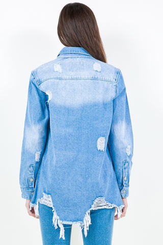 Frayed Hem Distressed Denim Shirt Jacket Divacious