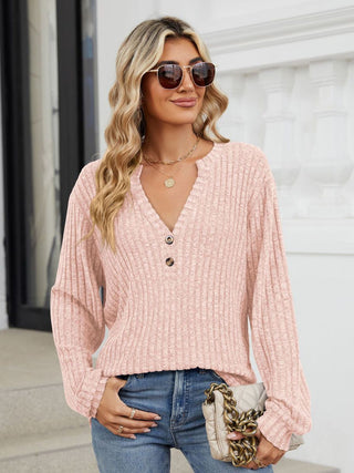 Ribbed Notched Long Sleeve T-Shirt Divacious