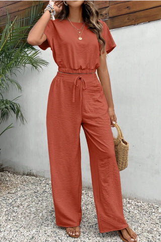 Round Neck Short Sleeve Top and Pants Set Trendsi