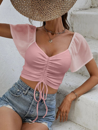 Drawstring Short Sleeve Crop Top Divacious