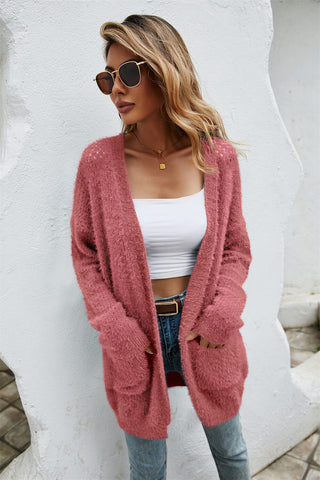 Open Front Openwork Fuzzy Cardigan with Pockets Divacious