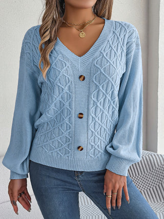 Cable-Knit V-Neck Lantern Sleeve Sweater Divacious