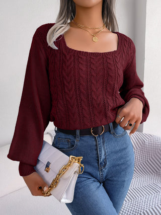 Cable-Knit Square Neck Long Sleeve Sweater Divacious