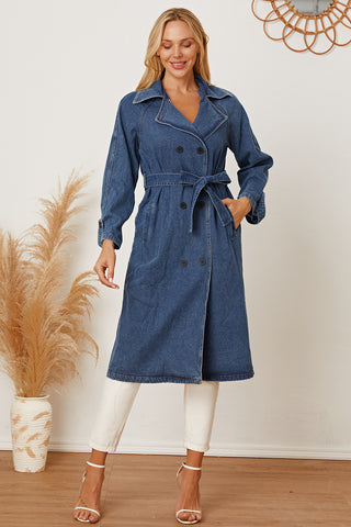 Double-Breasted Belted Longline Denim Jacket Divacious