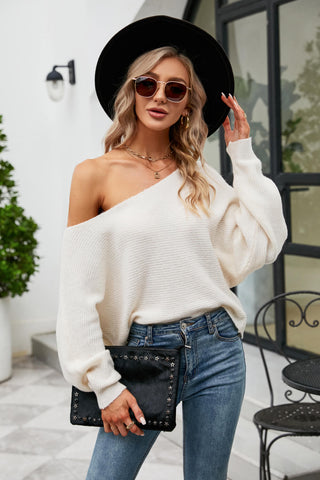 Boat Neck Horizontal Ribbing Dolman Sleeve Sweater Divacious