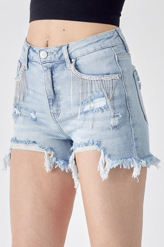 Frayed Hem Denim Shorts with Fringe Detail Pockets Divacious