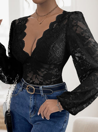 Perfee Lace Plunge Long Sleeve Bodysuit Trendsi