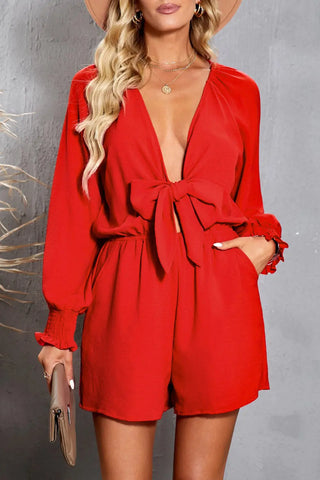 Tied Flounce Sleeve Plunge Romper Divacious