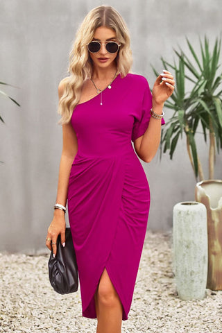 Devine Ruched One-Shoulder Tulip Hem Dress Trendsi