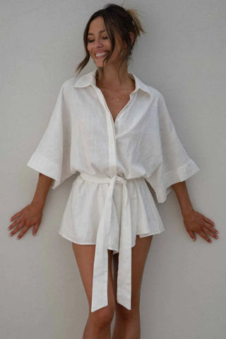 Tied Button Up Collared Neck Romper Divacious