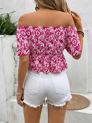 Peplum Printed Off-Shoulder Short Sleeve Blouse Divacious